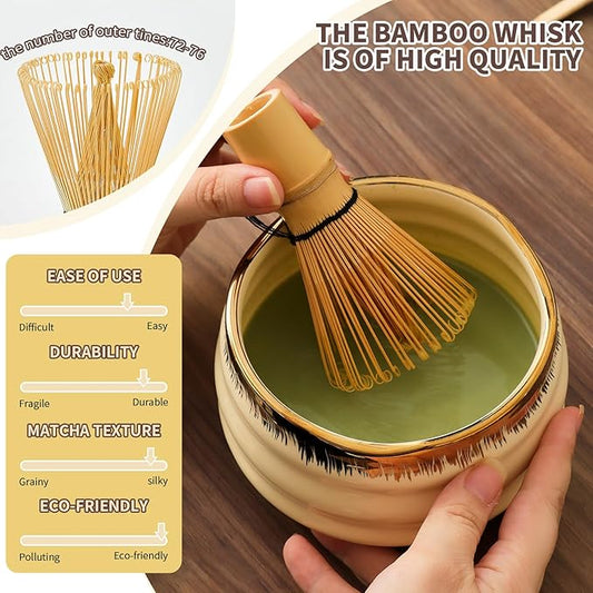 XiaoQuilismic-Matcha Whisk Set: Bamboo blender, matcha bowl, cute stand, ritual tool, Sieve - Family travel with golden texture details, 7-piece set, suitable bowl (yellow)