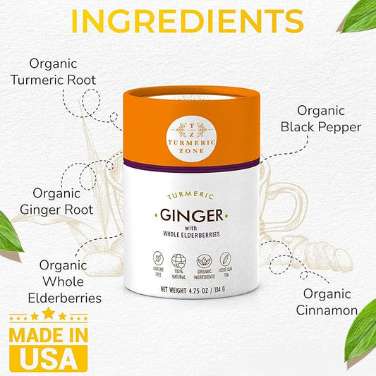 Turmeric Zone Organic Turmeric Ginger Decaf Tea with Elderberries - Made with Turmeric Root, Whole Non-irradiated Elderberries, Ginger Root, Cinnamon, Black Pepper - 4.75 oz
