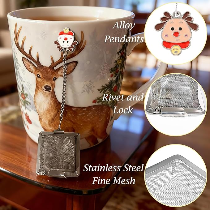 Christmas Themed Tea Ball Set, 2 PCS Cubic Tea Strainers for Loose Leaf Tea, Reusable Stainless Steel Mesh Tea Steeper, Tea Infuser with Brown Caribou and White Reindeer Pendant