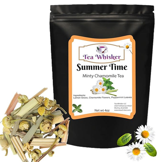 Tea Whisker - Summer Time | Minty Chamomile | Floral Herbal | Loose Leaf Tea | 4 Ounce Pouch | Serve Iced or Hot | Non-Caffeinated