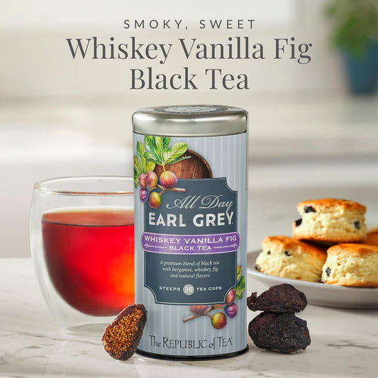 The Republic of Tea All Day Earl Grey Whiskey Vanilla Fig Black Tea, 36 Ct | Naturally Caffeinated. Made for morning or afternoon. Brisk and full-bodied with notes of lively citrus and bright bergamot.
