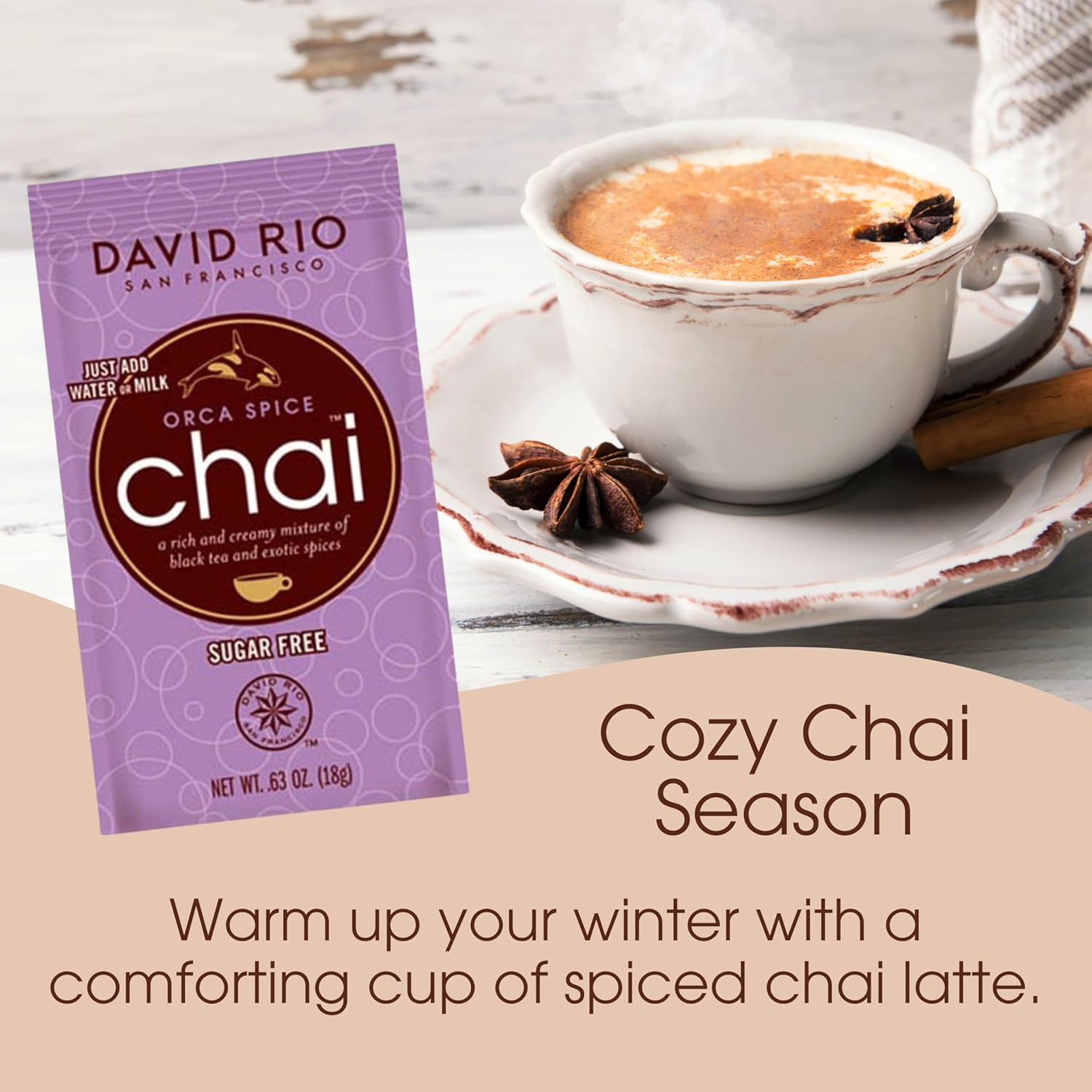 Orca Spice Reduced Calorie Chai Tea Latte Mix, .63 Oz (Pack of 48), Single Serve Packets, Black Tea, Organic Spices, Sugar Free, Dairy Free, Serve Hot or Cold, Just Add Water or Milk