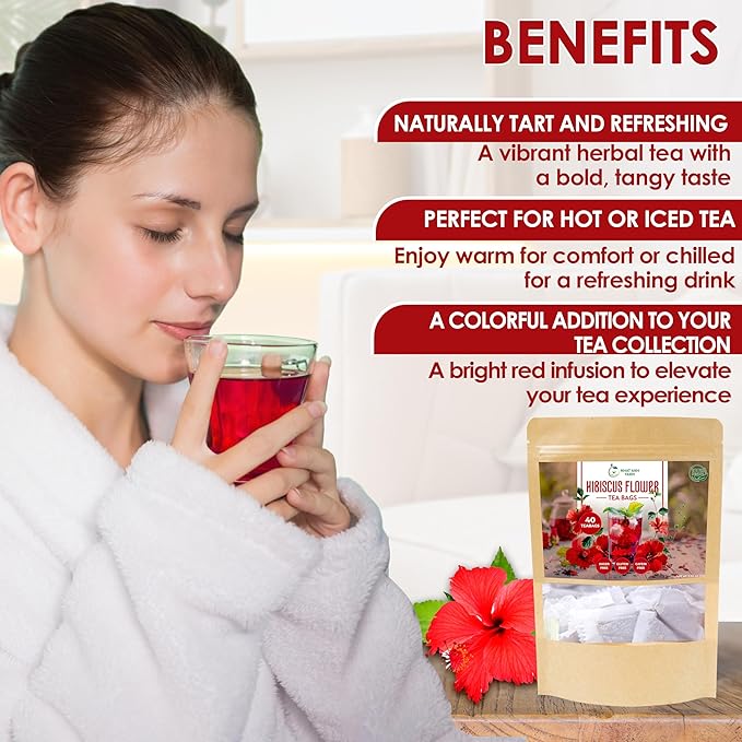 Premium Hibiscus Tea Bags - Dried Hibiscus Flower Tea Bags - 40 Teabags, 2.5g/bag), 100% Natural & Pure Hibiscus Flowers, Sugar/Caffeine/Gluten Free