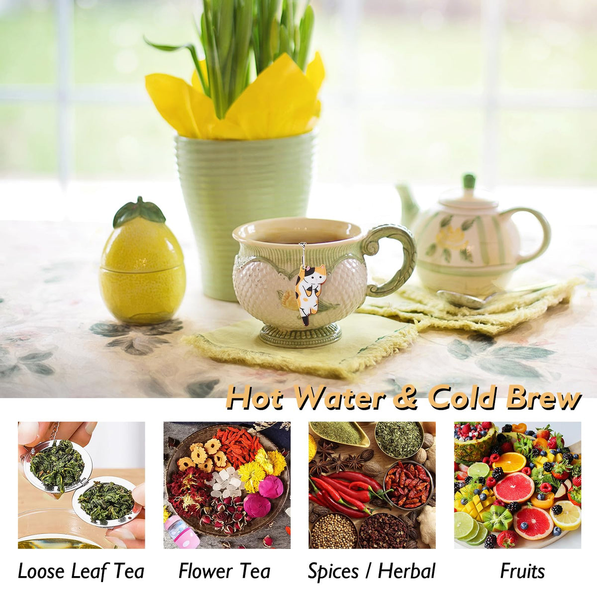 PUSCOBSY Cat Tea Infuser Set - Enhance Your Tea Experience with Premium Loose Leaf Tea Strainers and Balls, 2 PCS Gold-Plated