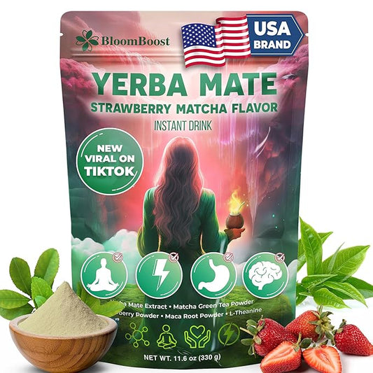 Yerba Mate Strawberry Matcha Powder – Smooth & Refreshing Super Blend, Premium Japanese Matcha, Sweet Strawberry Flavor – 11.6 oz (30 Servings) – Sugar-Free, Gluten-Free