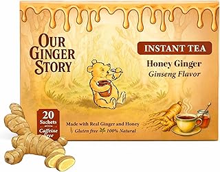 Premium Honey Ginger Instant Tea Crystals, With Ginseng 20 Sachets Real Ginger Real Honey Pure Cane Sugar Caffeine Free Hot Or Cold Single Serve Drink Mix