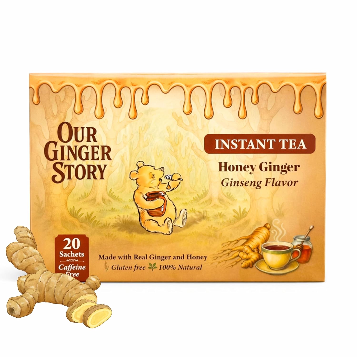 Premium Honey Ginger Instant Tea Crystals, With Ginseng 20 Sachets Real Ginger Real Honey Pure Cane Sugar Caffeine Free Hot Or Cold Single Serve Drink Mix