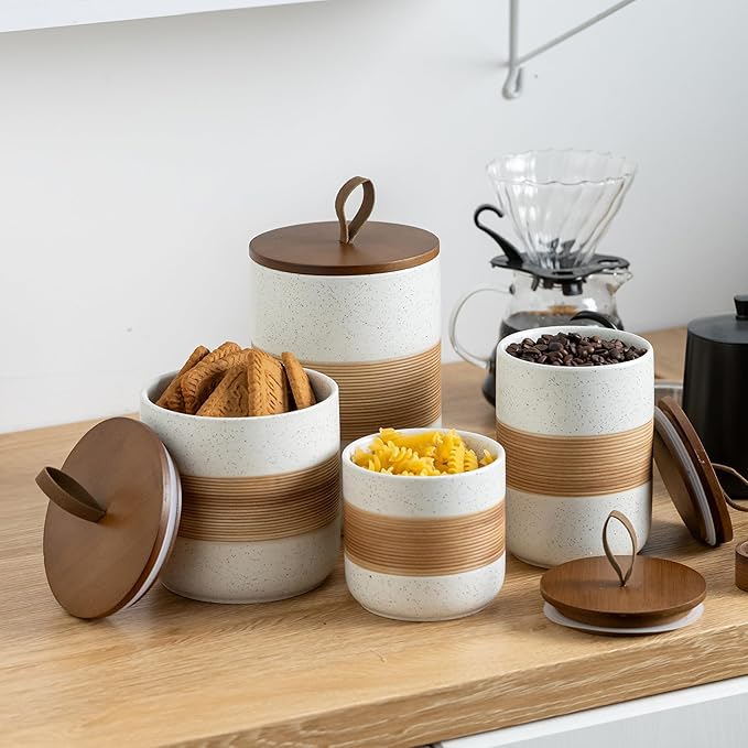 Large Storage Containers with Lids, Ceramic Coffee Container Kitchen Food Storage Jars for Spice Sugar Tea Bag, Stackable Decorative Jars for Counter, White & 61 fl.oz