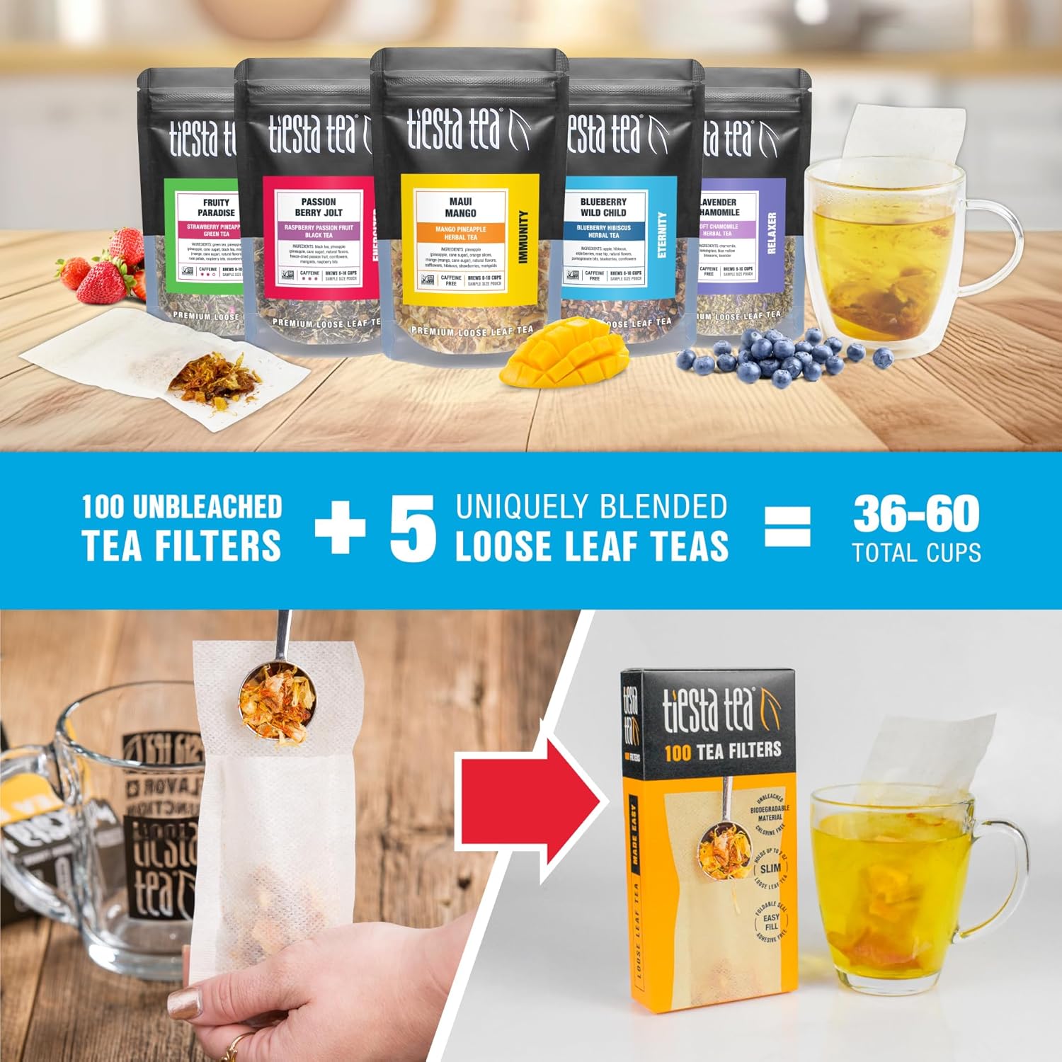 Tiesta Tea Premium Starter Loose Leaf Sampler Kit - Classic Tea Blends, High to Non Caffeinated, Hot & Iced Brews, Starter Set with Black, Green, Herbal Sample Bags and 100 Disposable Tea Filters
