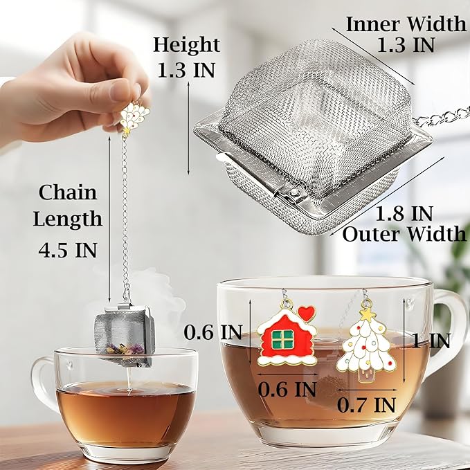 Christmas Themed Tea Infuser Set, 2 PCS Cubic Tea Strainers for Loose Leaf Tea, Reusable Stainless Steel Mesh Tea Ball
