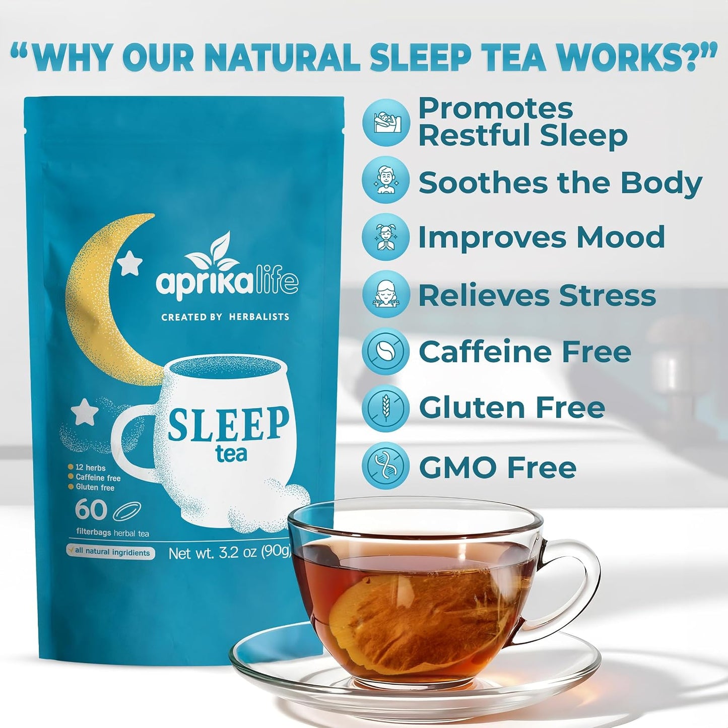 Aprika Life Sleep Tea for Bedtime Relaxation &amp; Stress Relief – Natural Caffeine-Free Herbal Nighttime Tea with Chamomile, Lavender, Mint &amp; Hibiscus – No Melatonin Sleep Aid – Relaxing Tea Bags 60 Pack