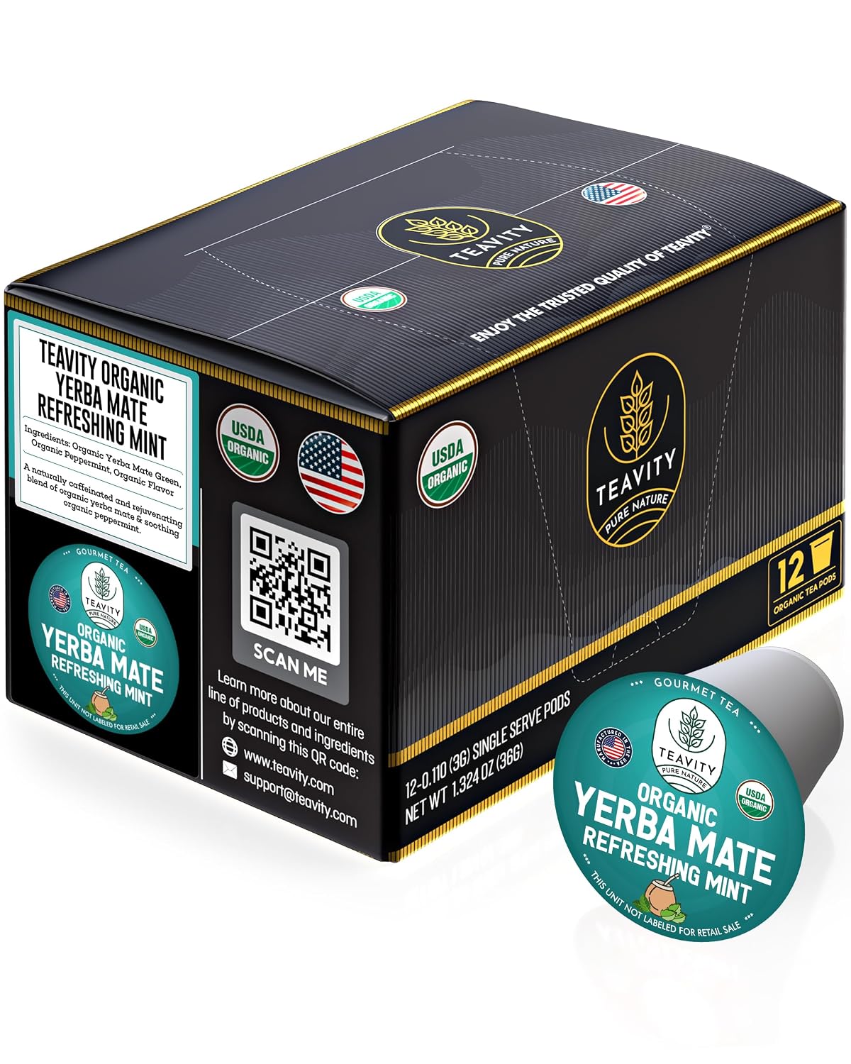 Organic Yerba Mate Refreshing Mint Tea Pods - Naturally Caffeinated Yerba Mate Tea Pod for Keurig Brewers by Teavity (24 Tea