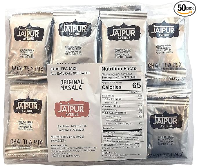 Jaipur Avenue Masala Chai Tea Mix - Spiced Not Sweet - All-Natural, Preservative-Free, Gluten-Free, and Authentic Masala Chai Tea Latte - 70% Less Sugar (50-Count Bag)