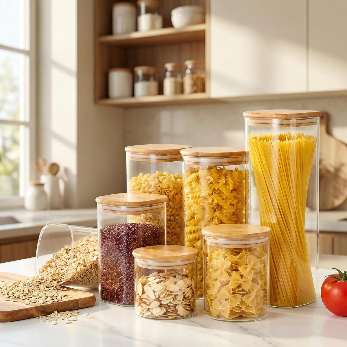 Square Glass Storage Containers with Bamboo Lids for Pasta &amp; Flour, 5 Pack