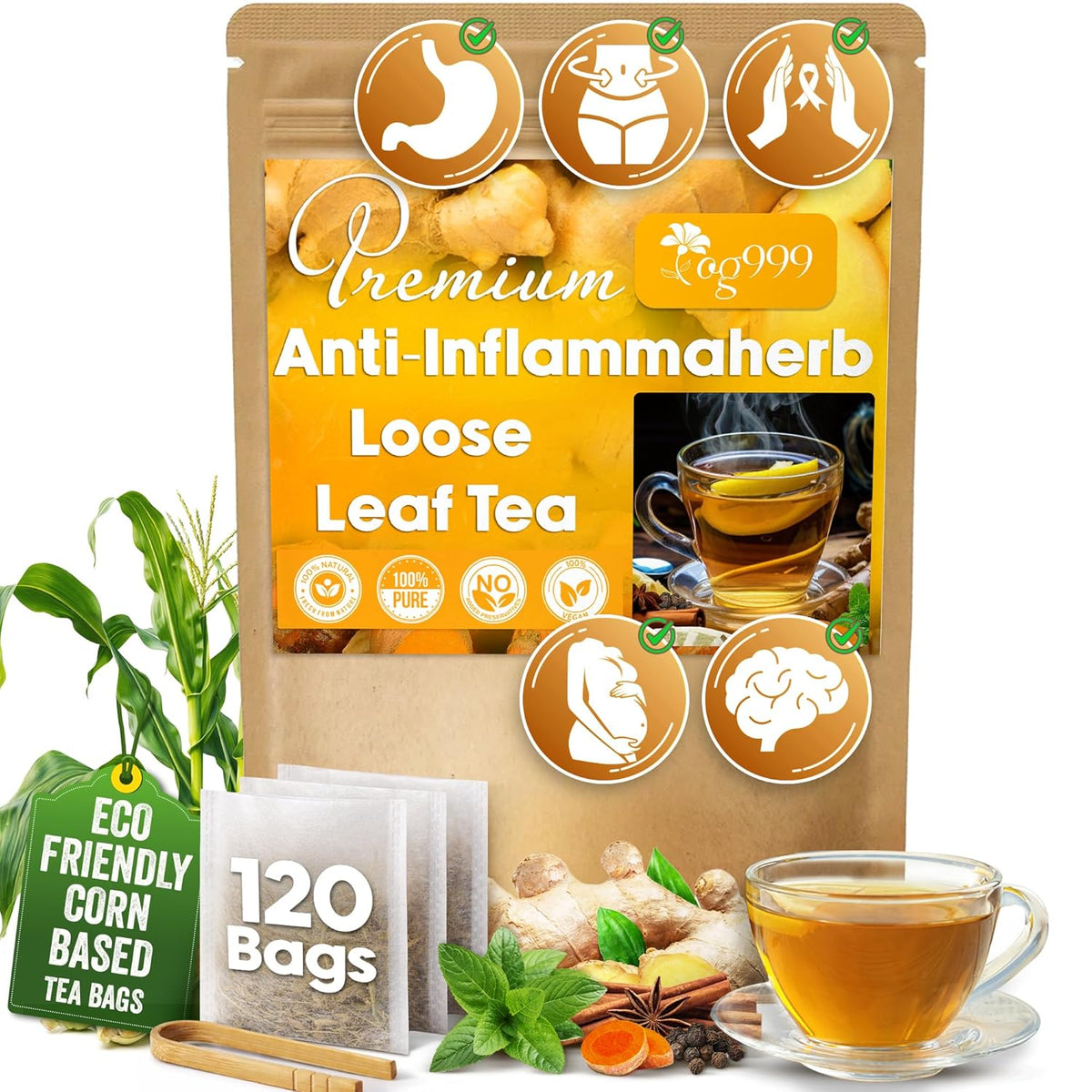 TOG999 Herbal Turmeric Ginger Cinnamon Tea Bags