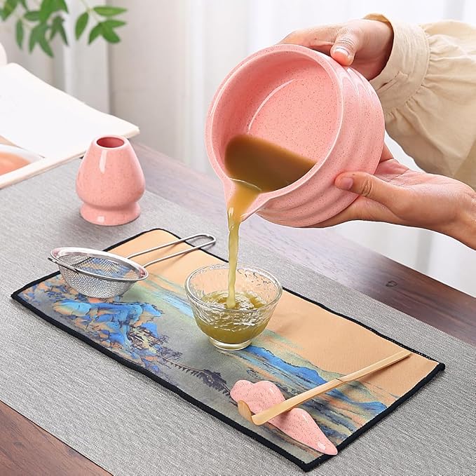 Matcha Tea Ceremony Set with Pink Ceramic Bowl, Bamboo Whisk, Strainer and Mat, 7-Piece Traditional Japanese Style