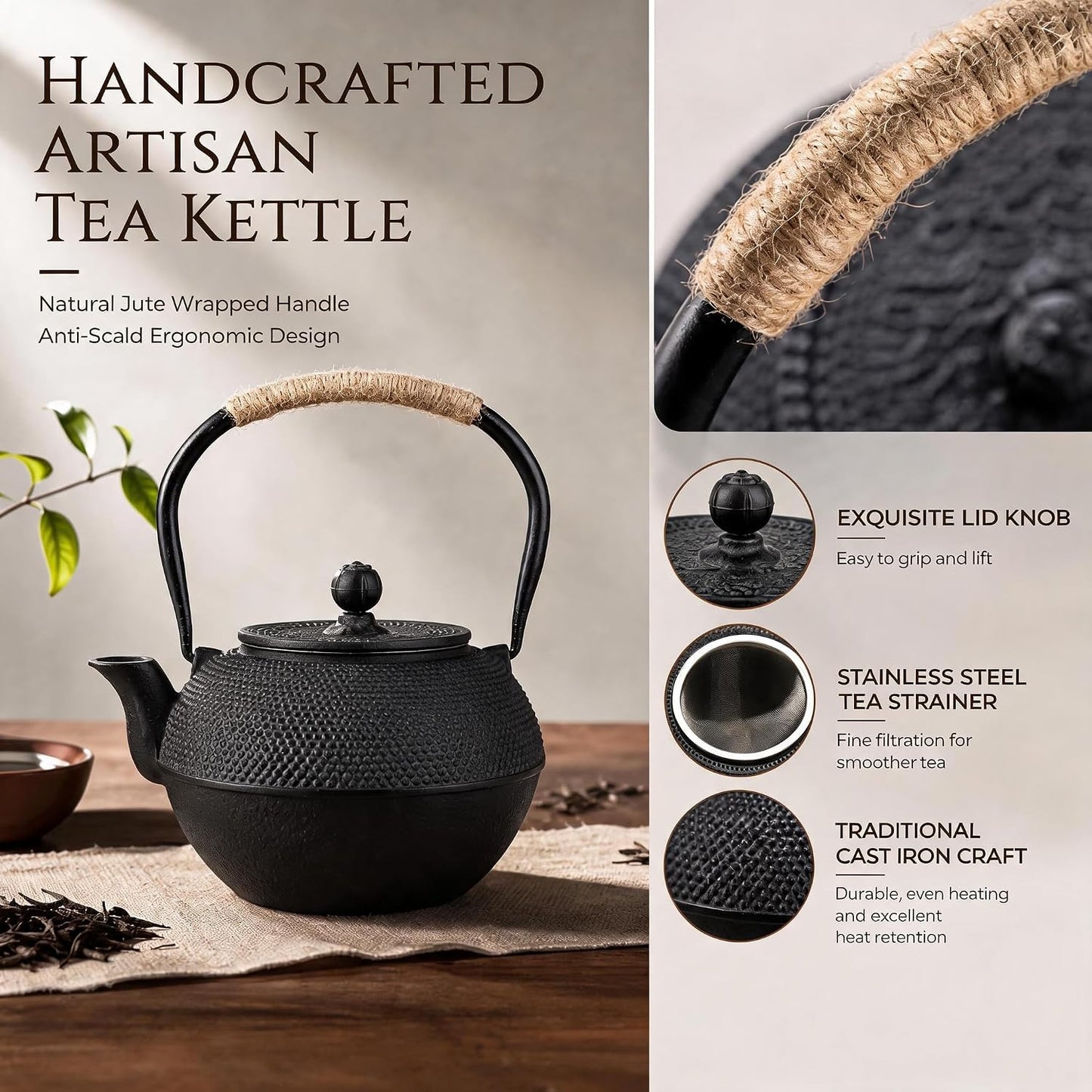 40oz Cast Iron Tea Kettle for Stovetop, Black Teapot with Infuser | Tea Pot with Strainer for Loose Tea, Small and Heavy, Japanese Tetsubin, Enameled Interior, Suitable for Induction Cooker
