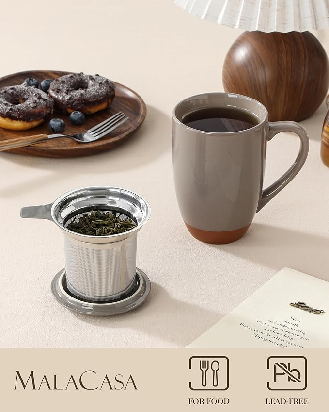 Malacasa Ceramic Tea Mug with Lid and Stainless Steel Infuser, 18 oz Large Tea Cup for Loose Leaf Tea, Heat-Resistant, Microwave & Dishwasher Safe