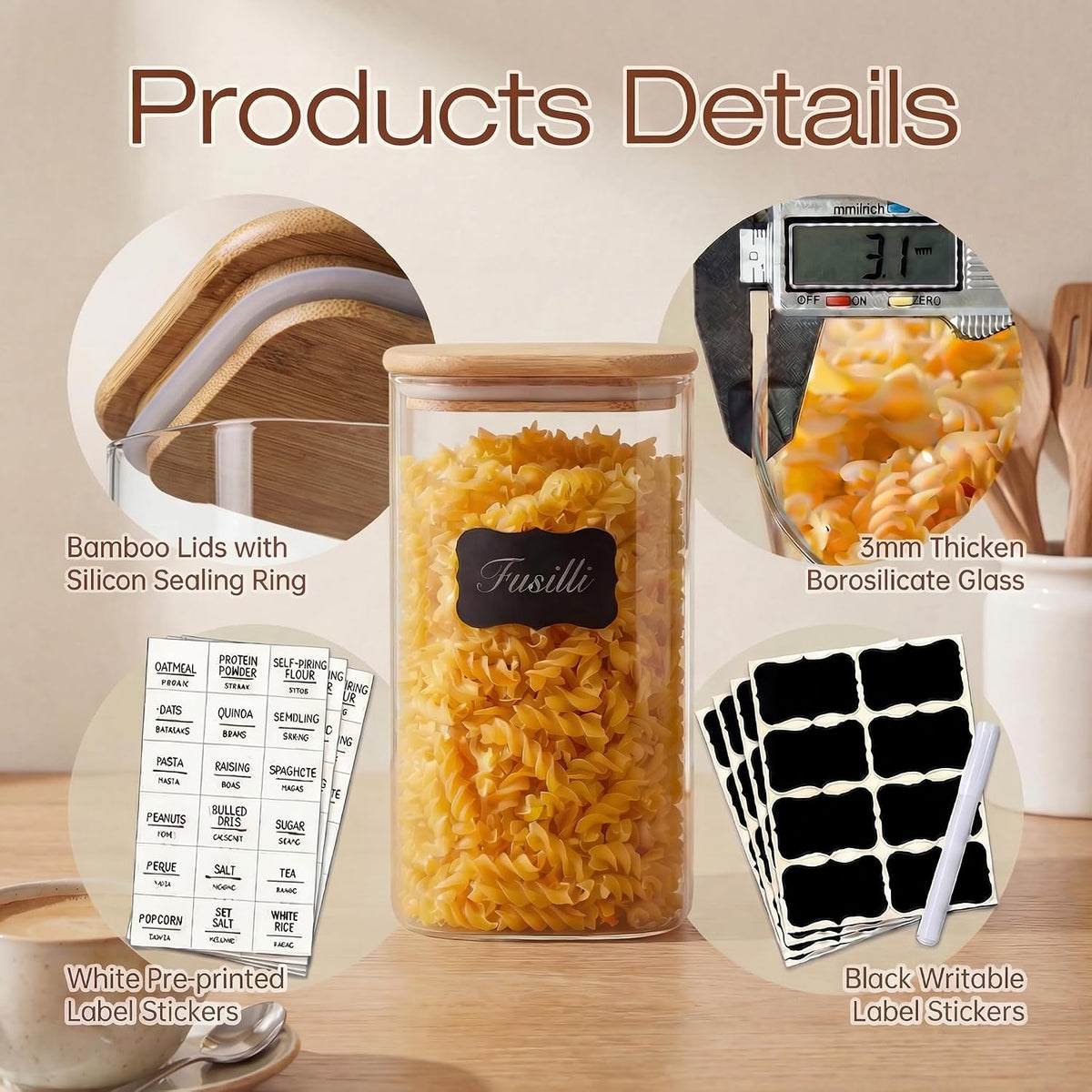 Square Glass Storage Containers with Bamboo Lids for Pasta &amp; Flour, 5 Pack