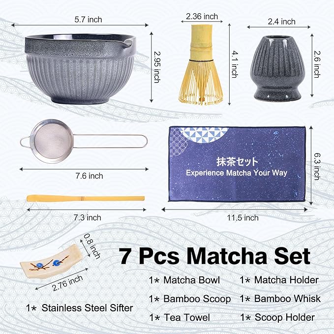 Matcha Whisk Set – Ceramic Matcha Bowl with Spout, Bamboo Whisk, Scoop, Ceramic Holders, Stainless Sifter, Towel