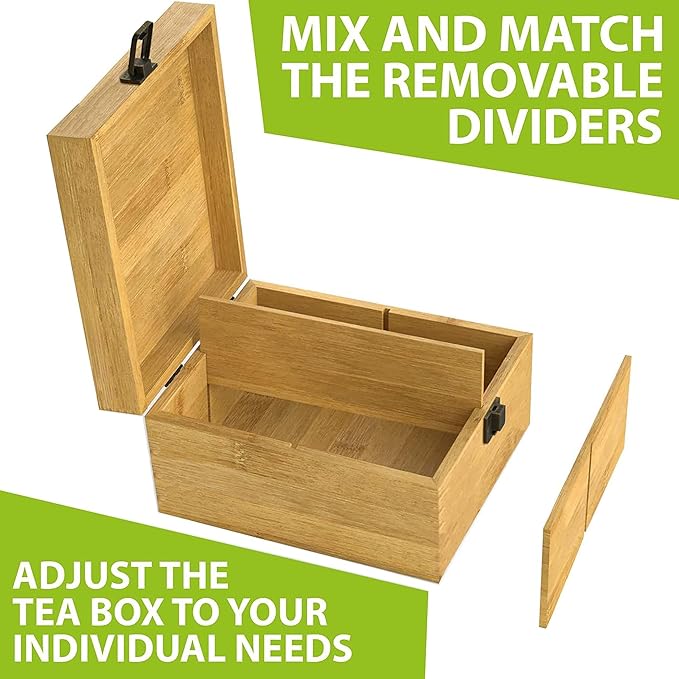 Bamboo Tea Organizer Box Chemical Free Eco-Friendly Big, Tall, Adjustable Cubbies Natural Wooden Storage Chest (4-Slot Square 7.4" x 8.1" x 4.2" Tea Time)