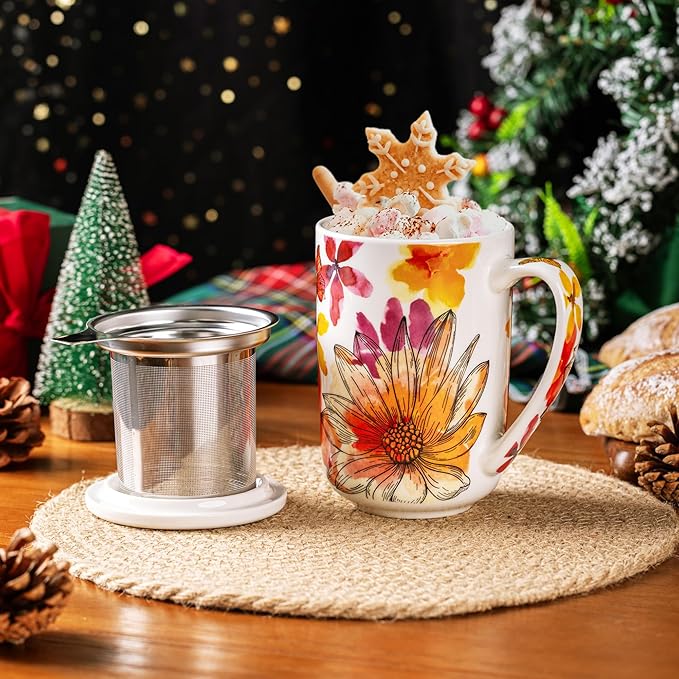 Gbhome Tea Mug with Infuser and Lid, 18 Ounce Large Ceramic Loose Leaf Cup, Microwave, Dishwasher Safe, Perfect For Tea Lovers
