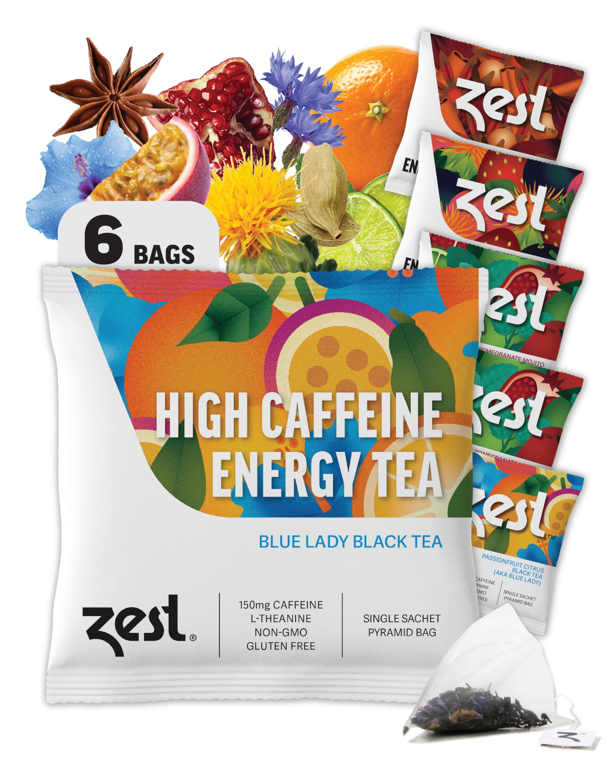 Zest High Caffeine Tea – Variety Pack – Flavored Black & Green Blends, 3X Caffeine Energy Teas, Strong Natural Coffee