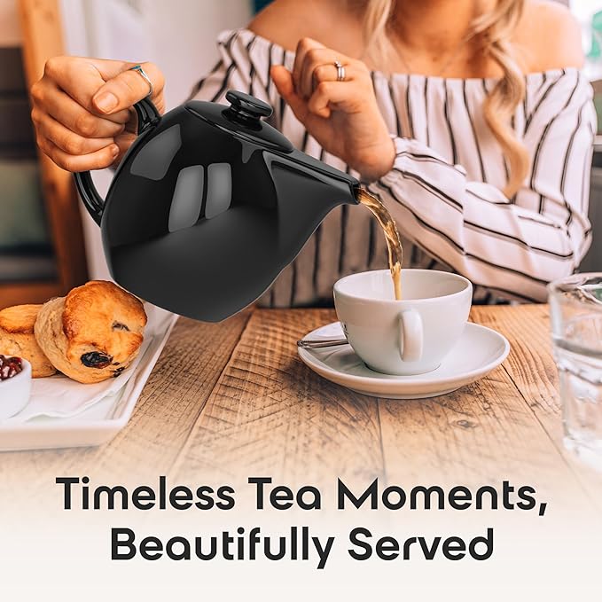 OmniWare 24 Oz Stoneware Teapot with Stainless Steel Mesh Infuser (Black) - Microwave & Dishwasher Safe, Removable Infuser