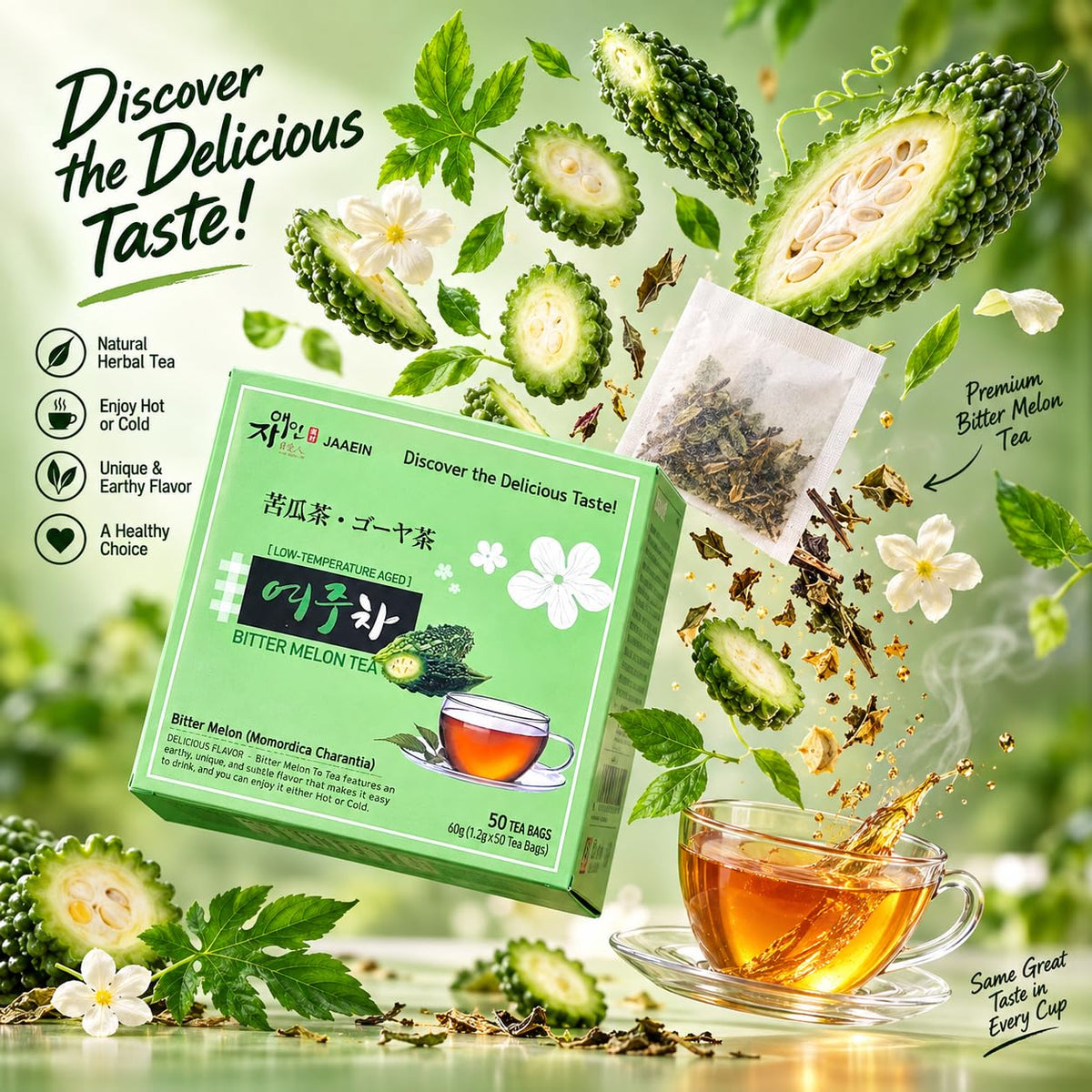 JaAeIn Bitter Melon Tea Natural Pure Korean Gohyah Fruit Tea Ampalaya Karela Leaves No Sugar, Caffeine Free, Gluten Free