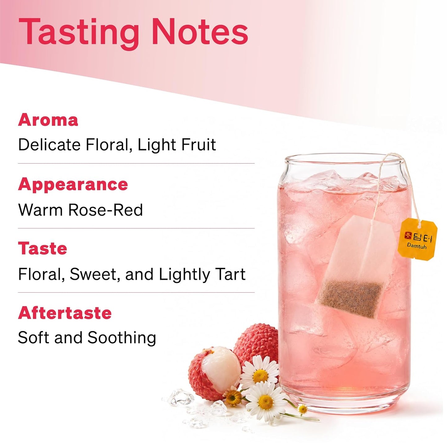 Damtuh Lychee Chamomile Cold Brew Tea Bags, Caffeine-Free, 20 Count | Sweet lychee and floral chamomile; zero sugar, zero carbs, lightly sweetened with stevia; cold brew bags