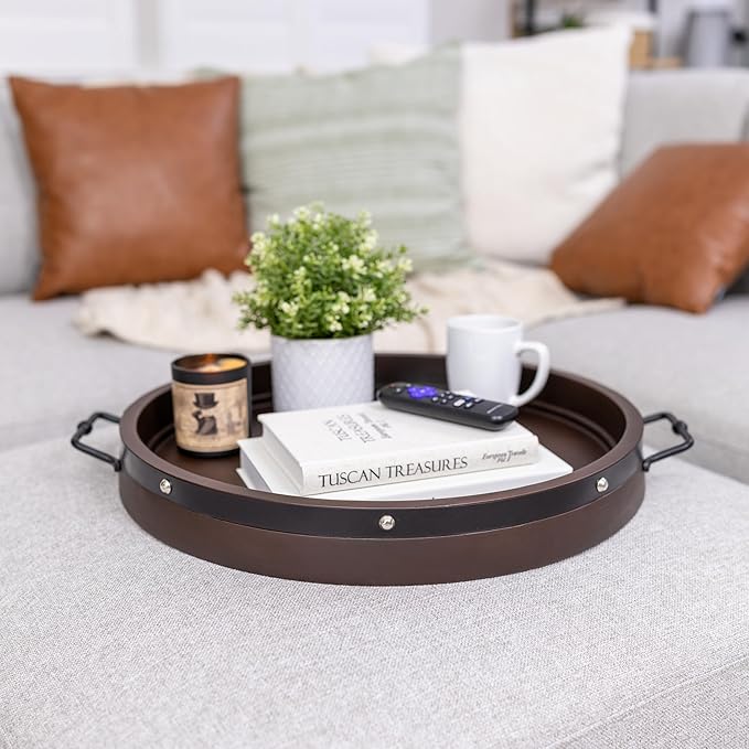 20" Extra Large Round Ottoman Tray, Heavy Duty Mango Wood, for Serving Tea, Breakfast in Bed