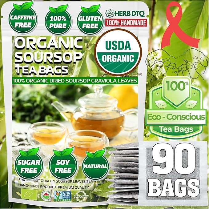Herb DTQ - Organic Soursop Leaf Tea Bags - USDA Certified, 100% Organic and Pure from Soursop Leaves, Non-GMO, Sugar/Caffeine/Gluten Free