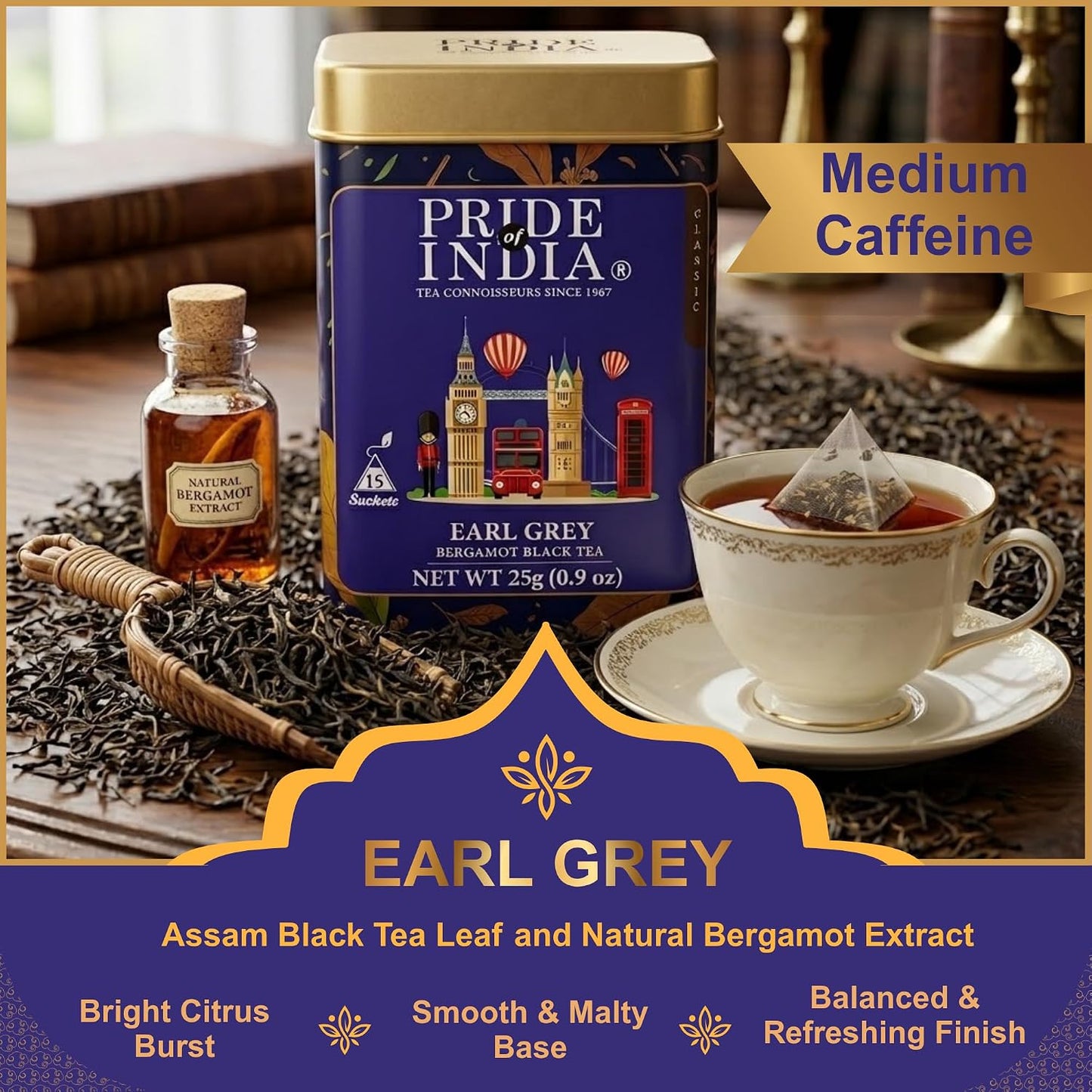 Pride of India Earl Grey Bergamot Black Tea - 30 Pyramid Tea Bags (2 PACK) | Individually Wrapped Full Leaf Assam Tea with Natural Bergamot Extract | Smooth Citrusy Malty Brew, Medium Caffeine