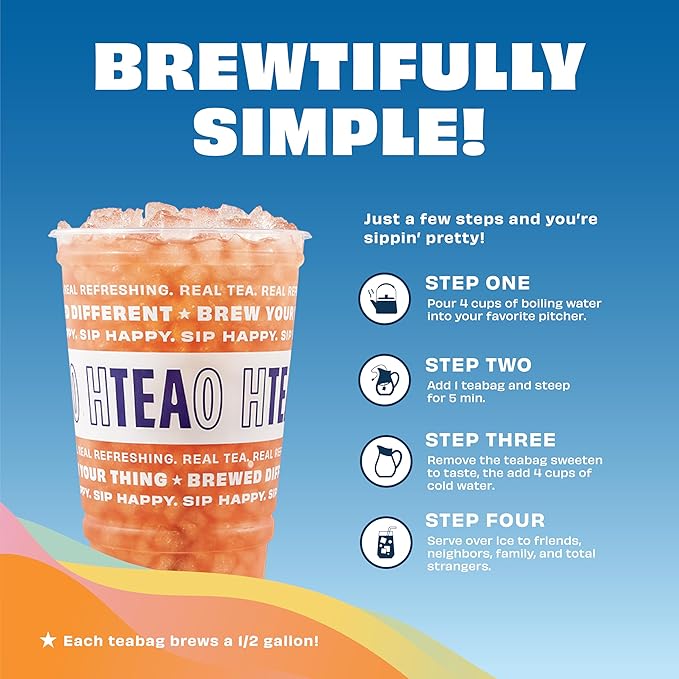 HTeaO Georgia Peach & Hibiscus Iced Tea Bags – Makes 8 Gallons in 5 Minutes – Large Tea Sachets for Parties, Family Gatherings, & Groups – Texas-Style Ice Tea Packets for Quick Brew (16-Count)