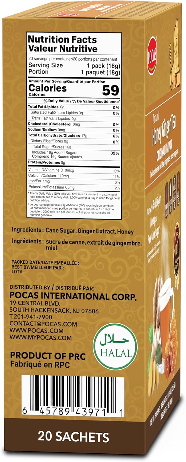 Pocas Honey Ginger Tea, Original, Instant Powder (20 Pack)