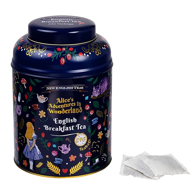 Midnight Alice in Wonderland Tea Caddy with 240 English Breakfast Teabags, Navy