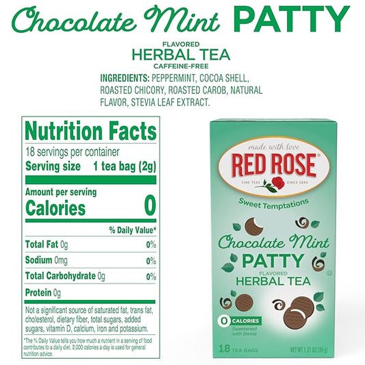 Red Rose Sweet Temptations Dessert Tea Chocolate Mint Patty, Zero Carbs, Zero Sugar Bursting with Flavor Delicious Beverage Herbal Tea, 18 Count Pack of 6 Fruit Naturally Flavored Herbal Tea