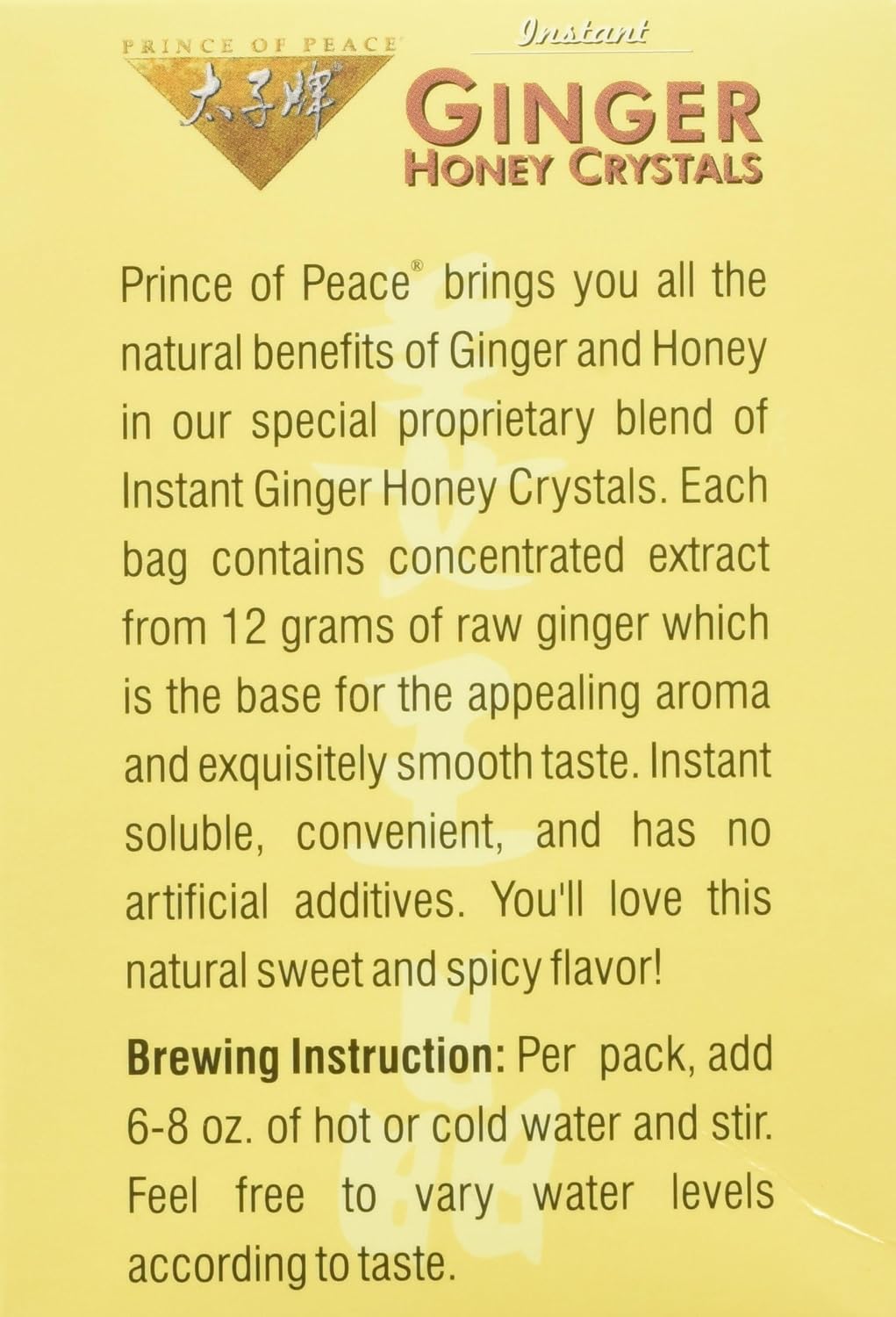 Prince Of Peace Ginger Honey Instant Crystal Tea - 10 bags per pack - 6 packs per case.