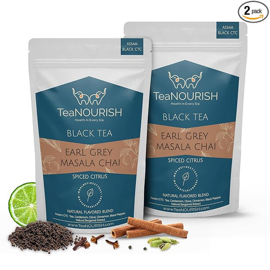 TeaNOURISH Earl Grey Masala Chai Tea | Spiced Citrus | Blend of Assam CTC, Cardamom, Cinnamon, Black Pepper, Clove, Natural Bergamot Extract | 100% NATURAL - 3.53oz/100g (Pack of 2)