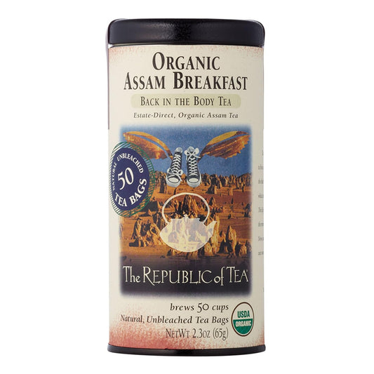 The Republic of Tea Organic Assam Breakfast Black Tea, 50 Count | Naturally Caffeinated. Made for morning or afternoon sipping. Brisk and full-bodied. USDA Organic and Gluten Free.