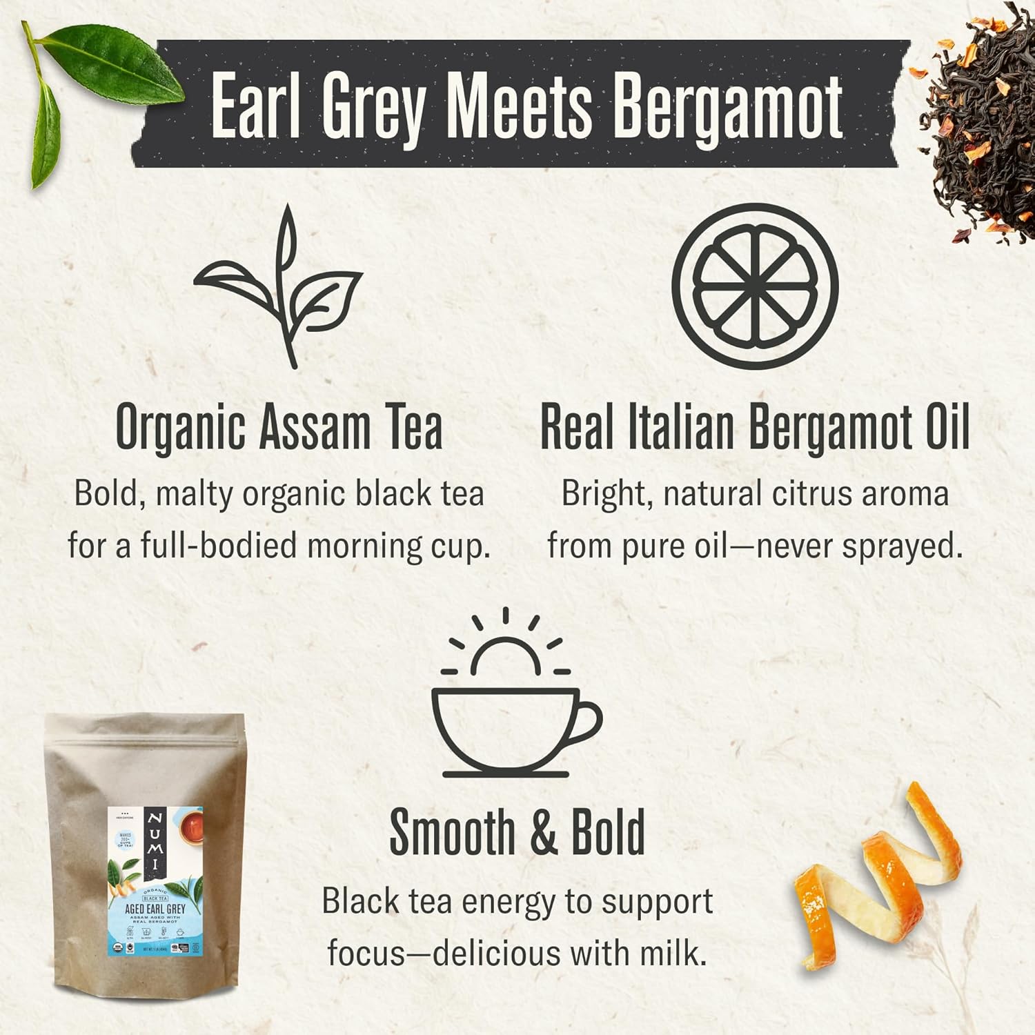 Numi Organic Loose Leaf Aged Earl Grey Tea, 1 lb Pouch Makes 200 Cups, Medium Caffeine