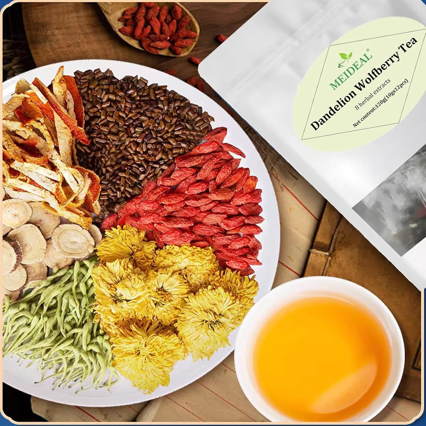 Dandelion Wolfberry Tea, 8 Natural Herbal Ingredients, Dandelion Teabag Organic, Natural Chinese Wolfberry Tea Bags, Chrysanthemunn Cassia Seed (1 Bag 12 Pcs)