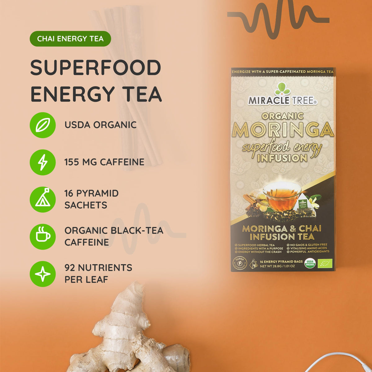 Miracle Tree Organic Moringa Energy Tea, Chai, 16 Bags