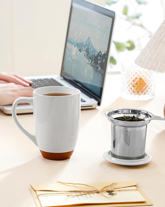 Malacasa Ceramic Tea Mug with Lid and Stainless Steel Infuser, 18 oz Large Tea Cup for Loose Leaf Tea, Heat-Resistant, Microwave & Dishwasher Safe