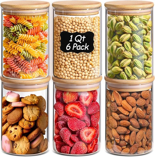 ComSaf 1 Qt Glass Storage Containers with Lids, Glass Jars with Lids, Clear Food Storage Jar, Round Canister Set of 6