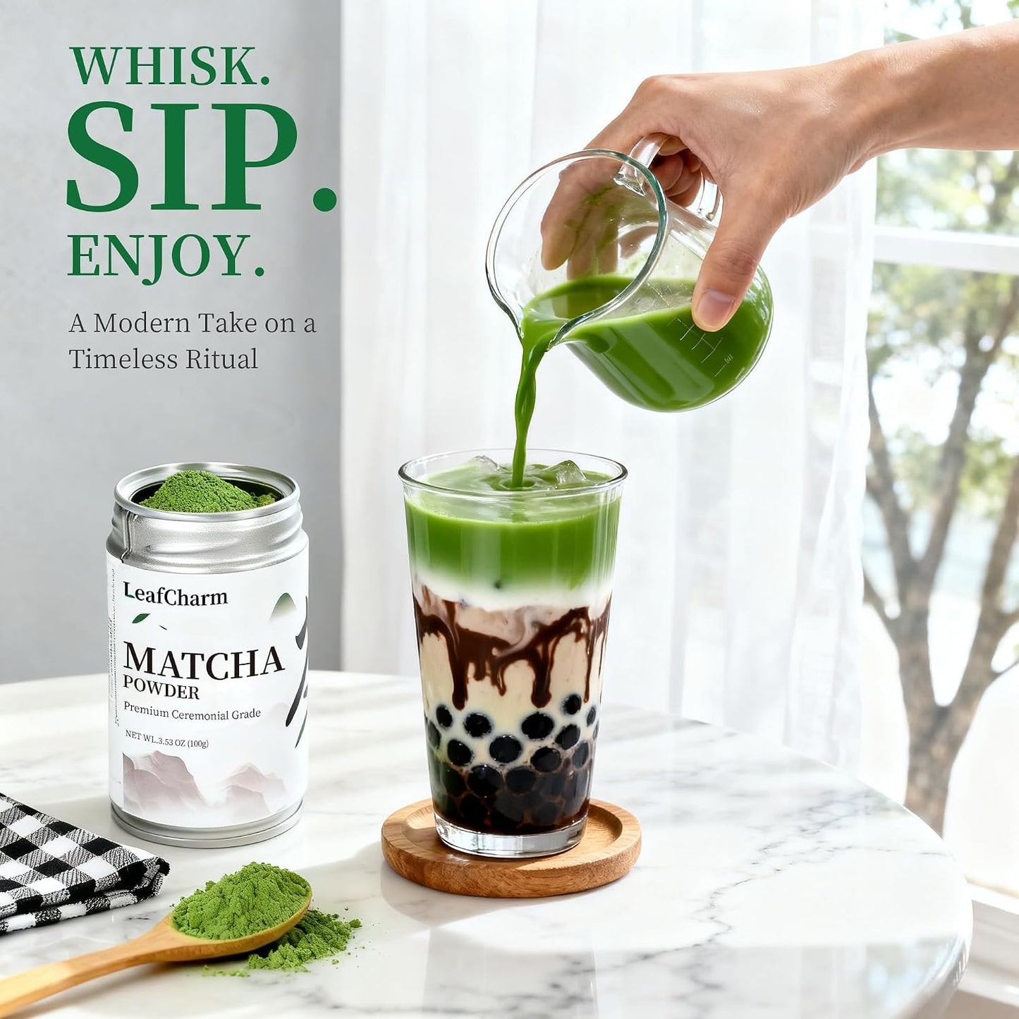 LeafCharm Ceremonial Grade Matcha Green Tea Powder 3.52 OZ - Vibrant Green &amp; Zero Bitterness, Smooth Umami Taste for Lattes &amp; Smoothies,100g (3.52 oz) Premium Tin