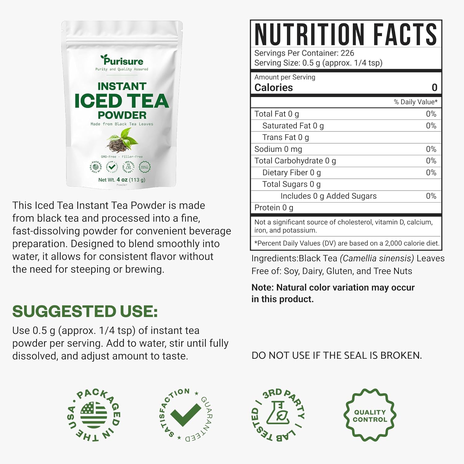 Purisure Unsweetened Instant Black Iced Tea Powder – Made from Real Tea Leaves, No Lemon Flavor, Sugarless, Zero- Calories, Dissolves in Cold Water, Makes Up to 220 plus Servings, 4 oz