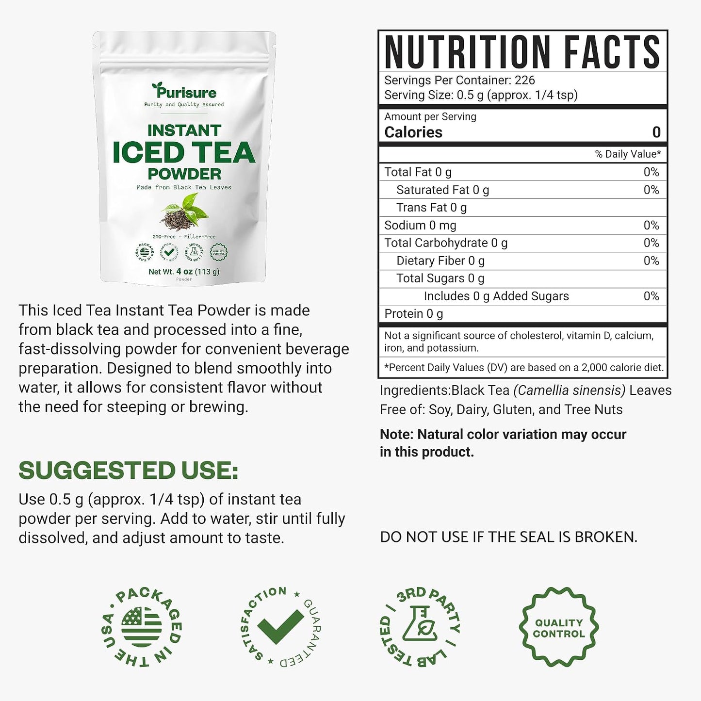 Purisure Unsweetened Instant Black Iced Tea Powder – Made from Real Tea Leaves, No Lemon Flavor, Sugarless, Zero- Calories, Dissolves in Cold Water, Makes Up to 220 plus Servings, 4 oz