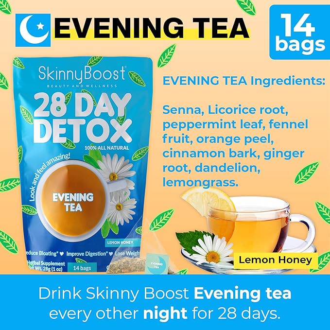 Skinny Boost Detox Tea Kit – 4 PACK - 2 Daytime Teas (56 Bags) 2- Evening Teas (28 Bags) – Herbal Detox for Weight, Metabolism, Energy, Bloating & Colon Cleanse – Green Tea, Vegan, Keto, Non-GMO, Sugar-Free