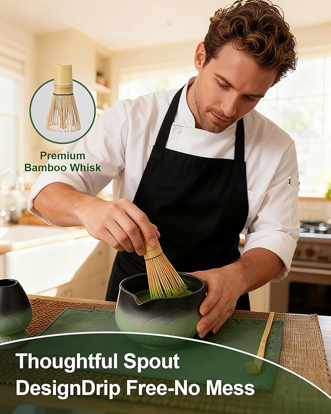 ZENS Matcha Whisk Set, 7pcs Matcha Kit Set with Ceramic Bowl and Matcha Cup, Bamboo Whisk & (Chasen Holder) Sifter, Scoop -Tea Towel, Japanese Chawan for Matcha-Making, Sage Green